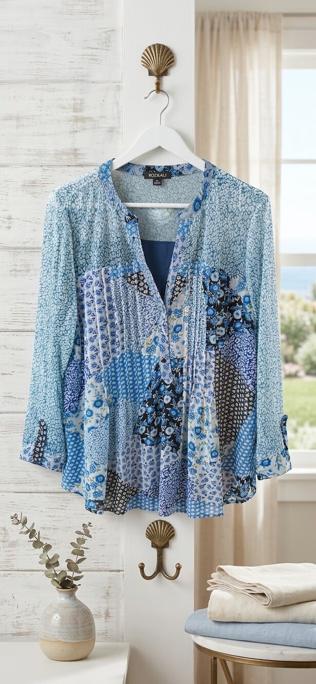 Roz&Ali Blue, White and Green Printed Blouse Like New